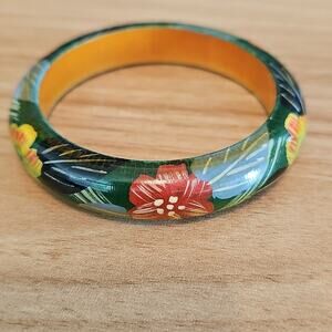 Vintage Tropical with Green and Yellow Floral Accents Wooden Bangle Bracelet
